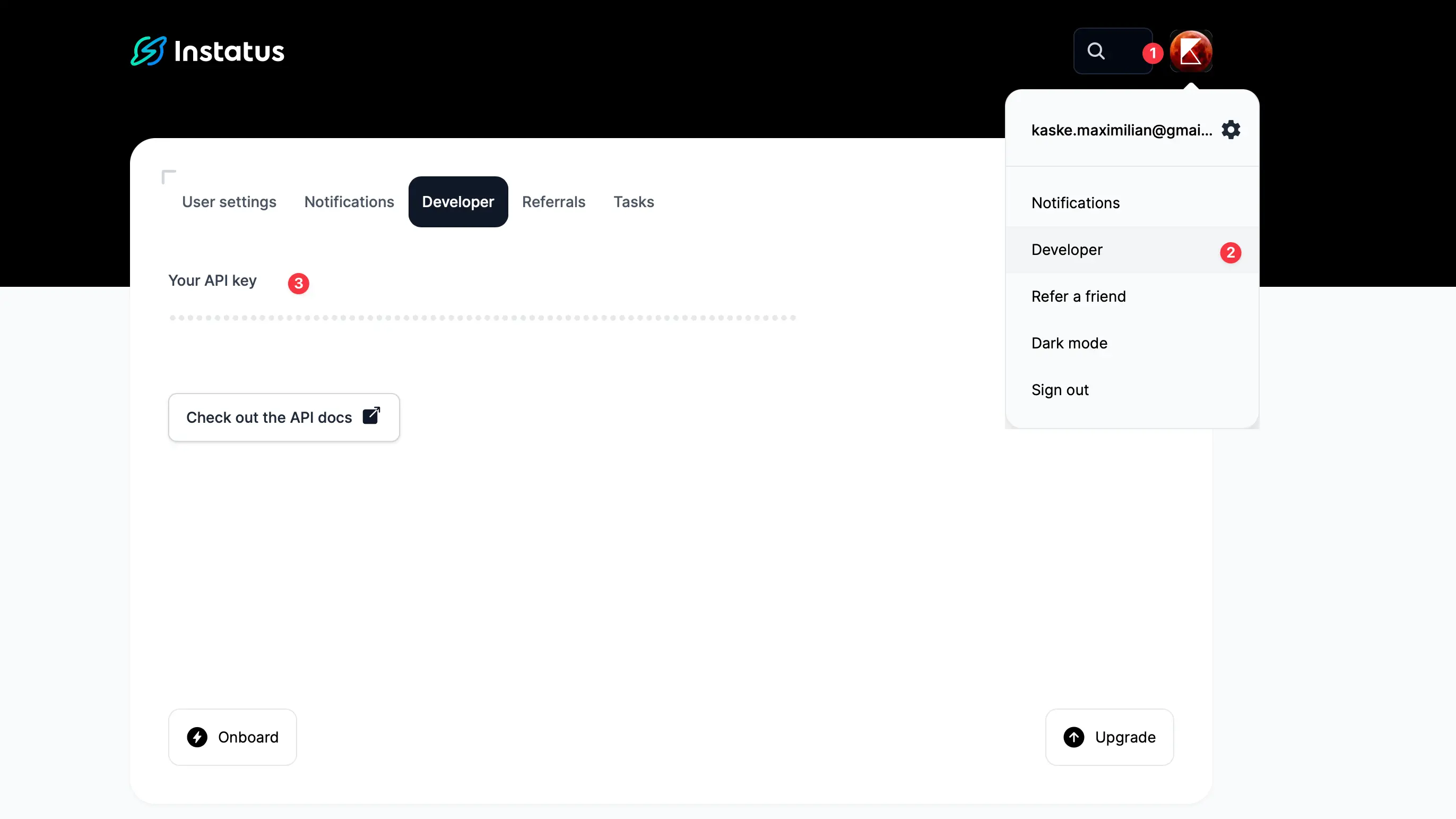 Instatus developer settings page showing where to find the API key