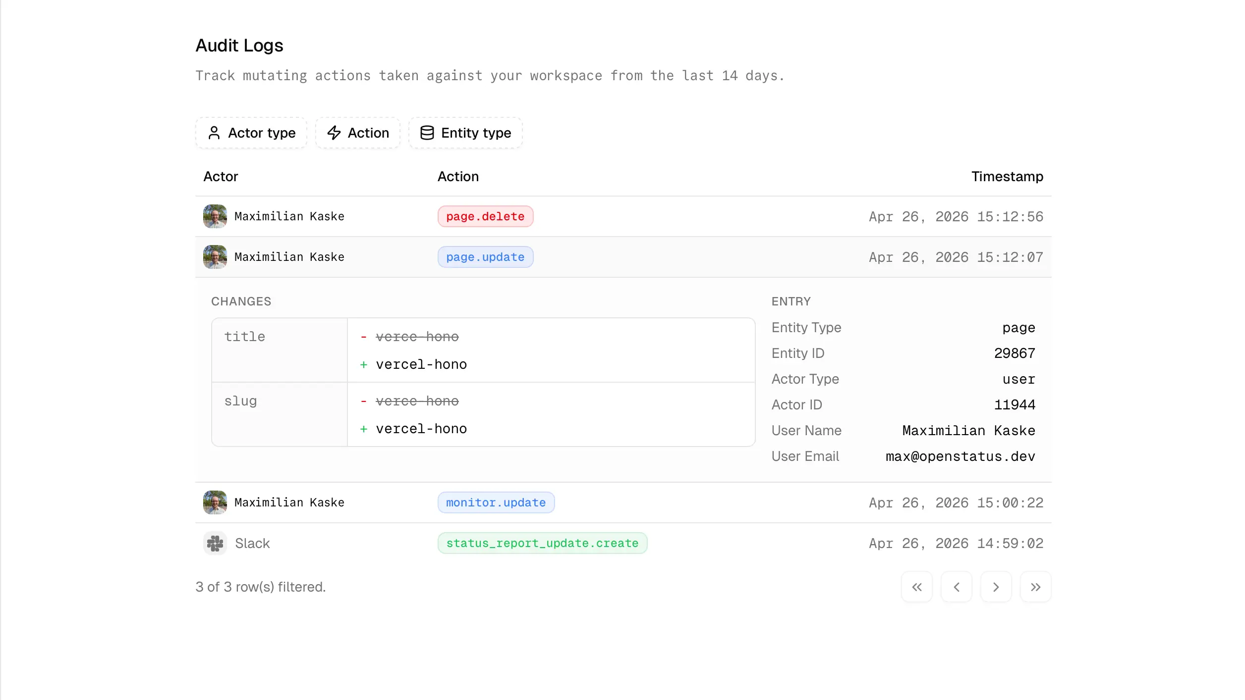 The audit log table view in the openstatus dashboard.