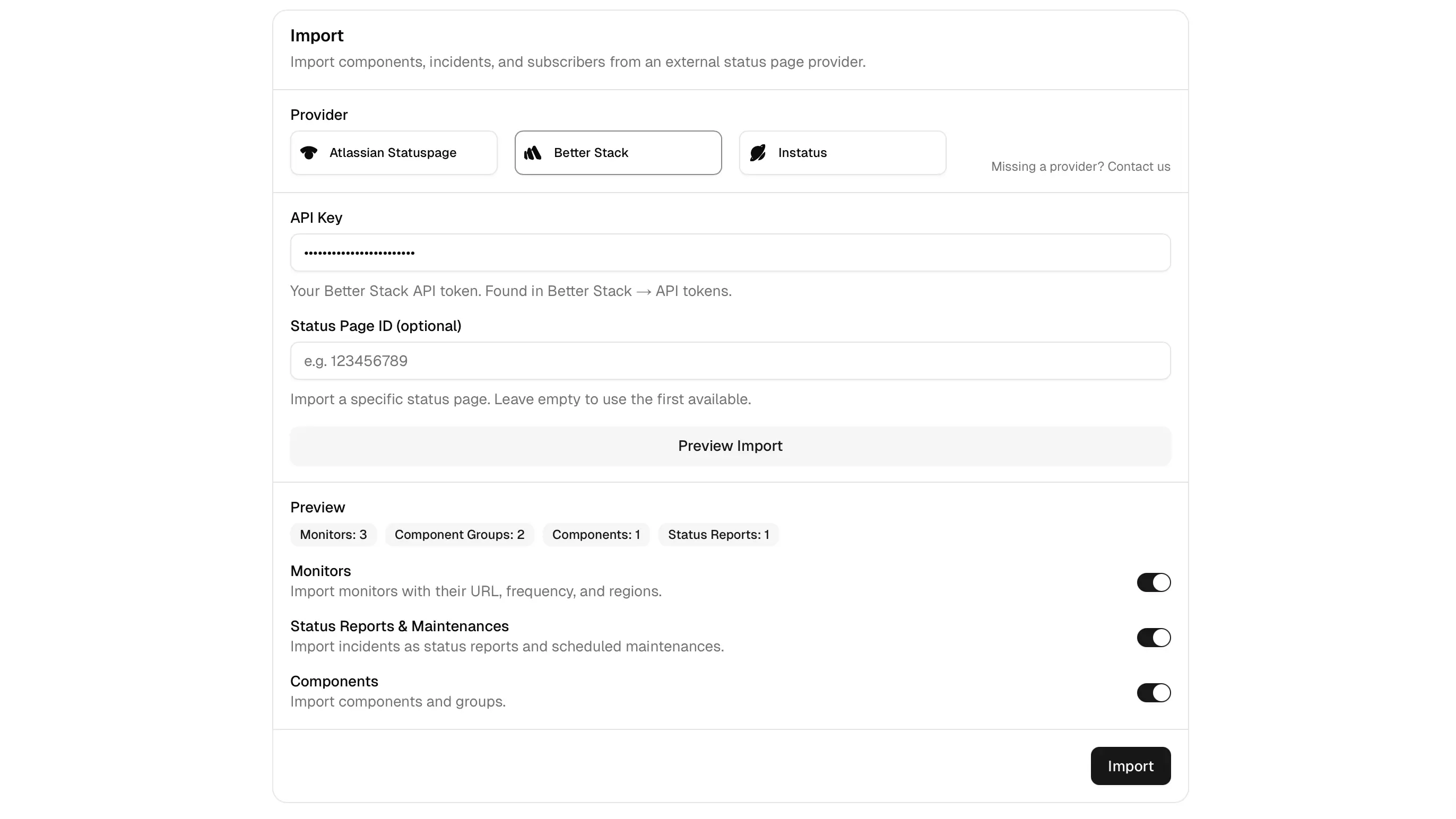 openstatus import form for Better Stack with preview summary and import toggles