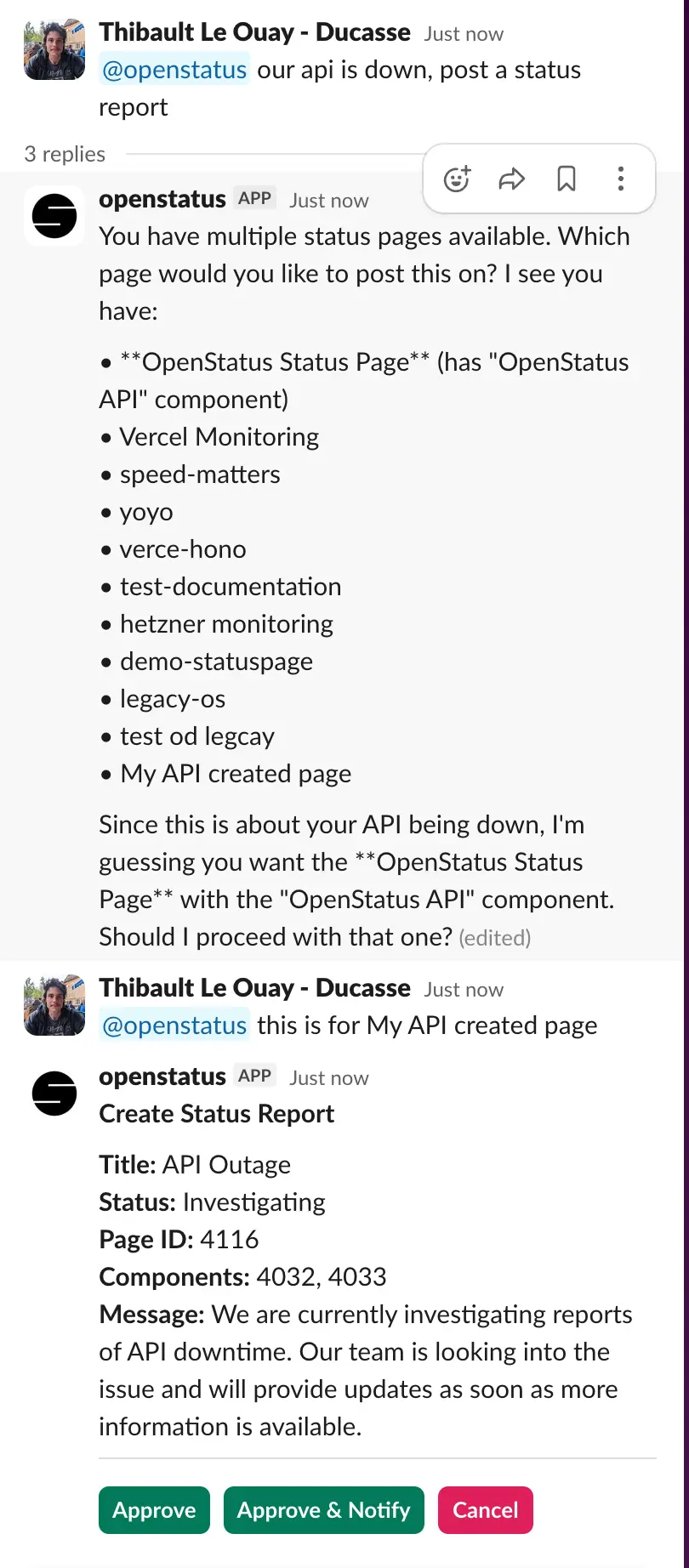 openstatus Slack Agent confirmation card