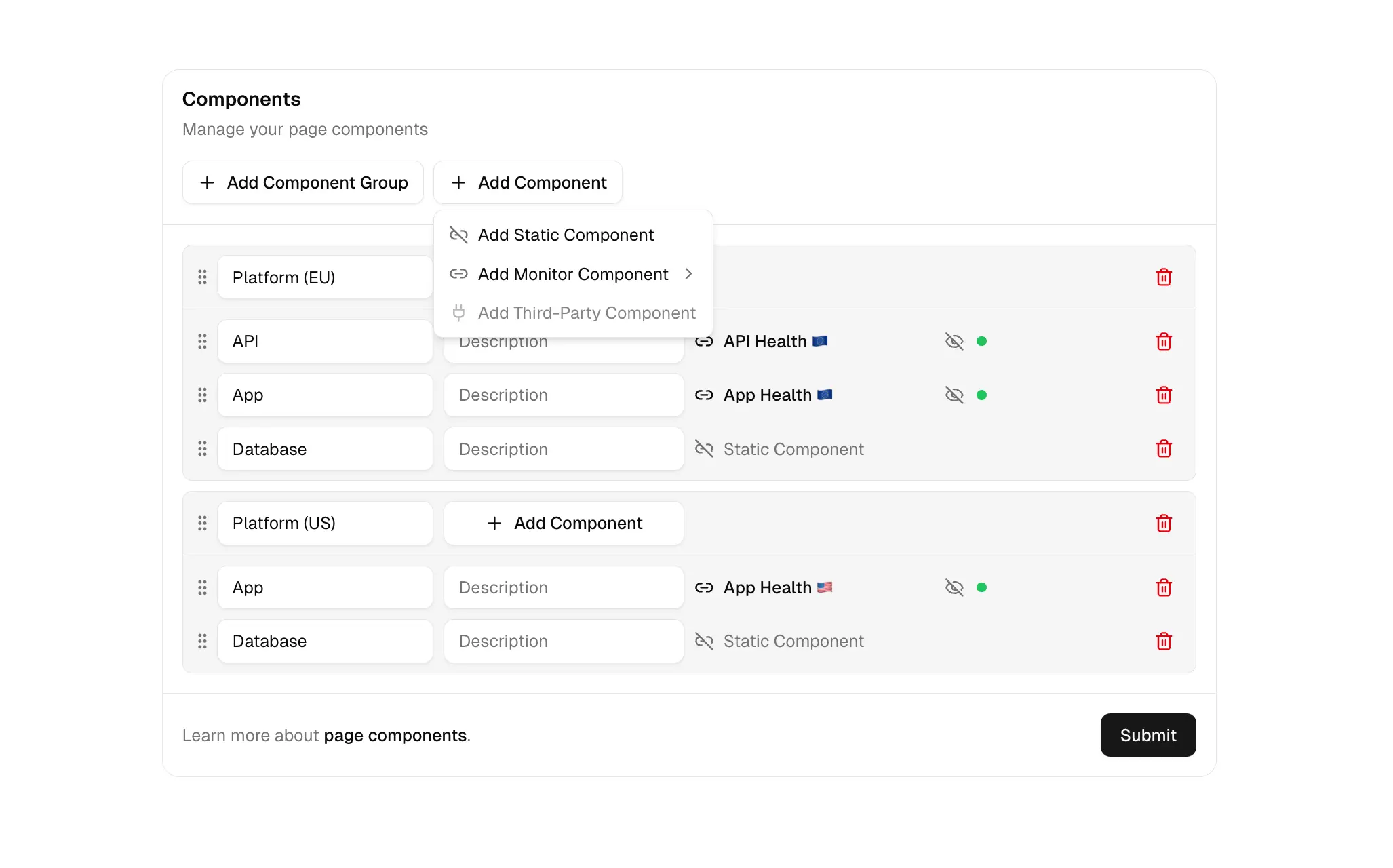 Page components form, grouped by regions